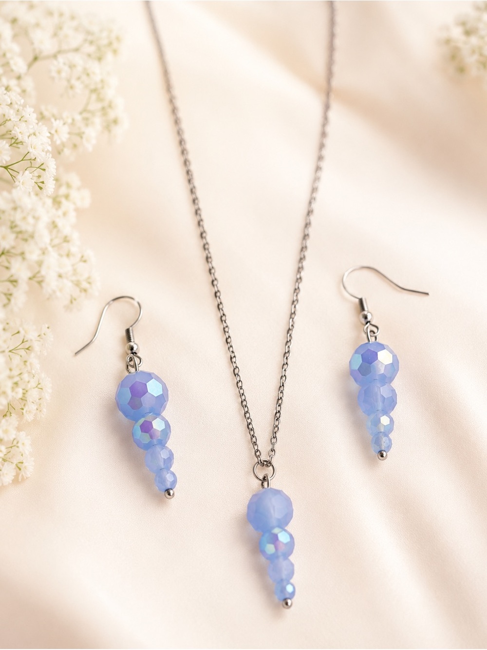 Blue Frosted Crystal Necklace & Earrings Set – Elegant Faceted Bead Jewelry